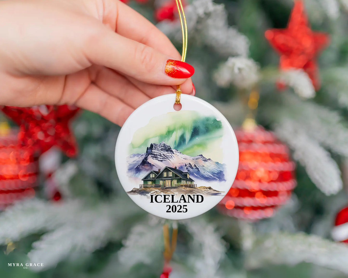 Custom Iceland ceramic photo ornament with personalized message – handmade Christmas bauble, gift souvenir, or vacation keepsake.