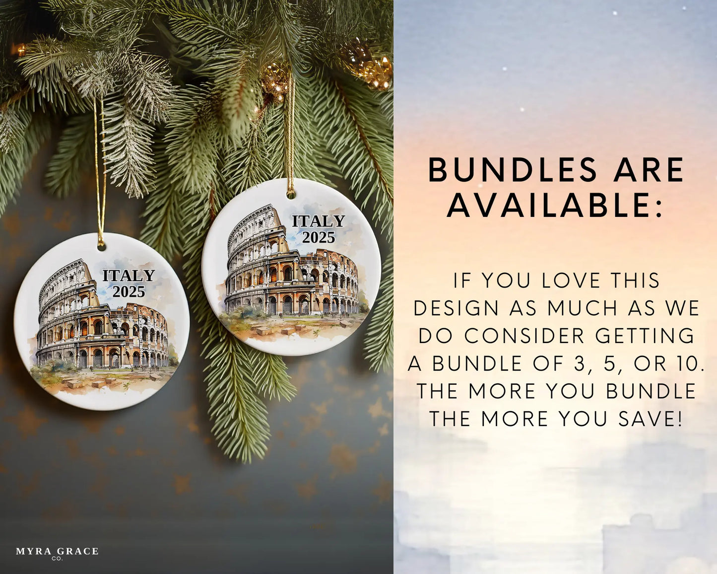 Custom Italy Rome Colosseum ceramic photo ornament with personalized message – handmade Christmas bauble, gift souvenir, or vacation keepsake. bundles are available