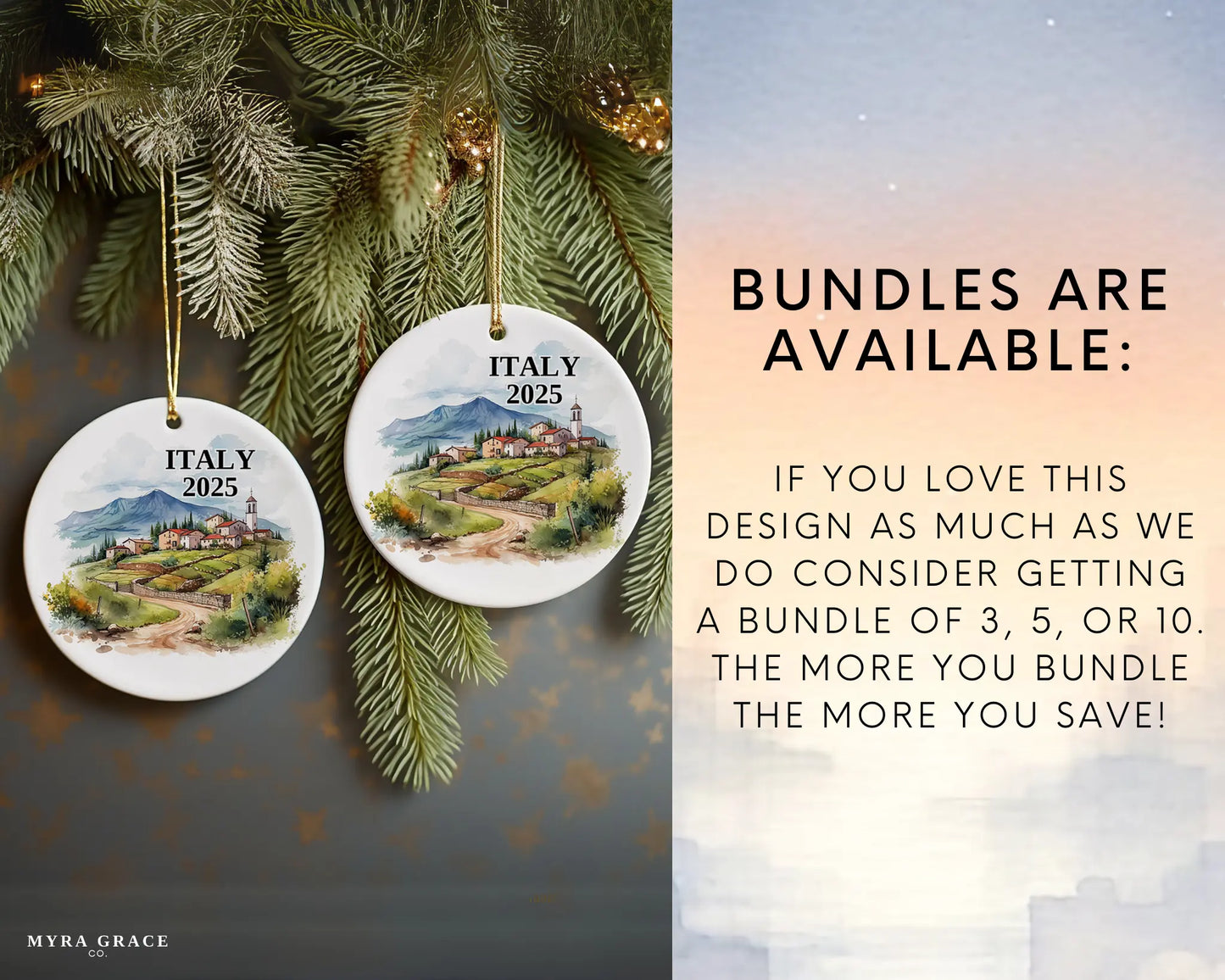 Custom Italy ceramic photo ornament with personalized message – handmade Christmas bauble, gift souvenir, or vacation keepsake. bundles are available
