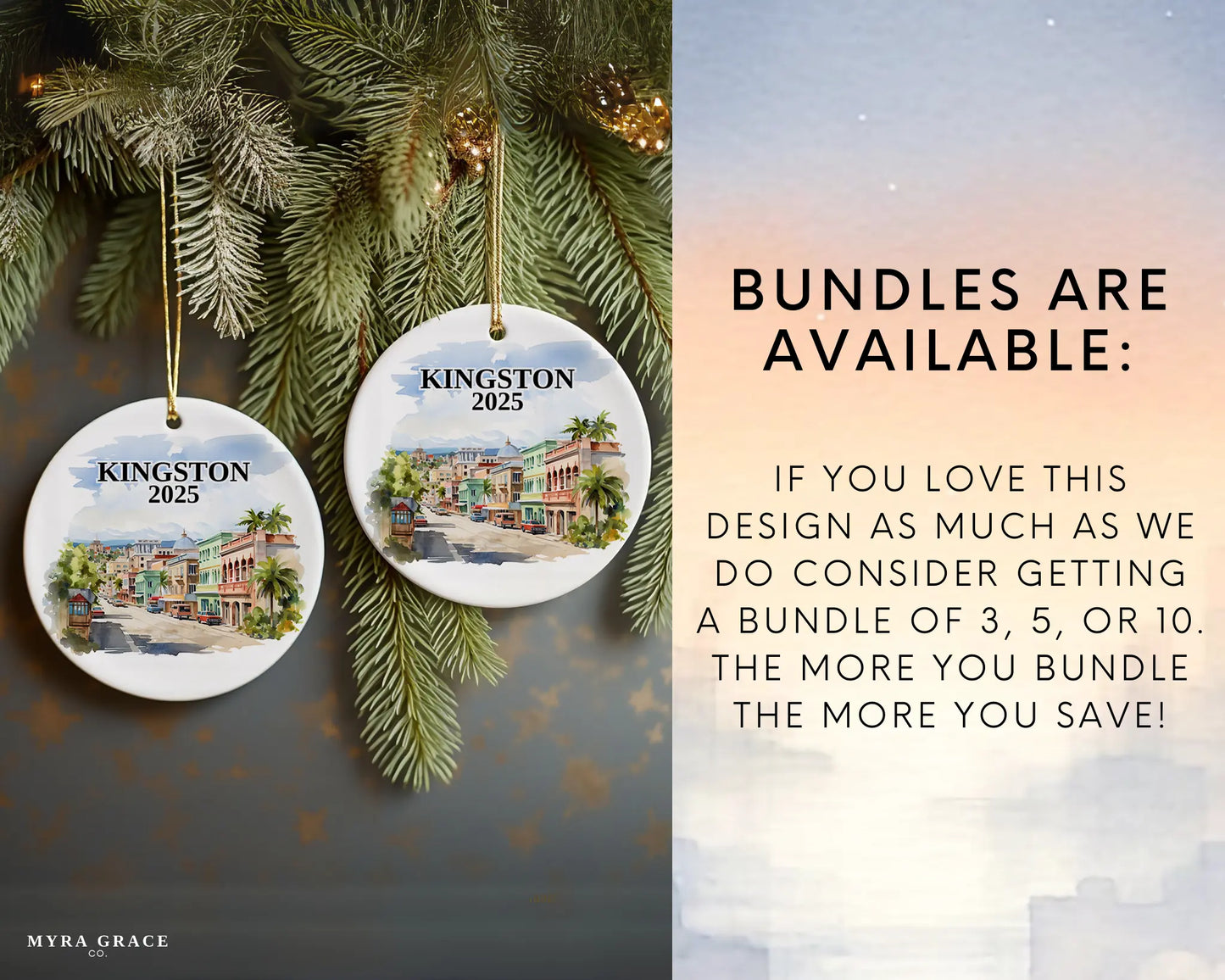 Custom Kingston Jamaica ceramic photo ornament with personalized message – handmade Christmas bauble, gift souvenir, or vacation keepsake. Bundles are available