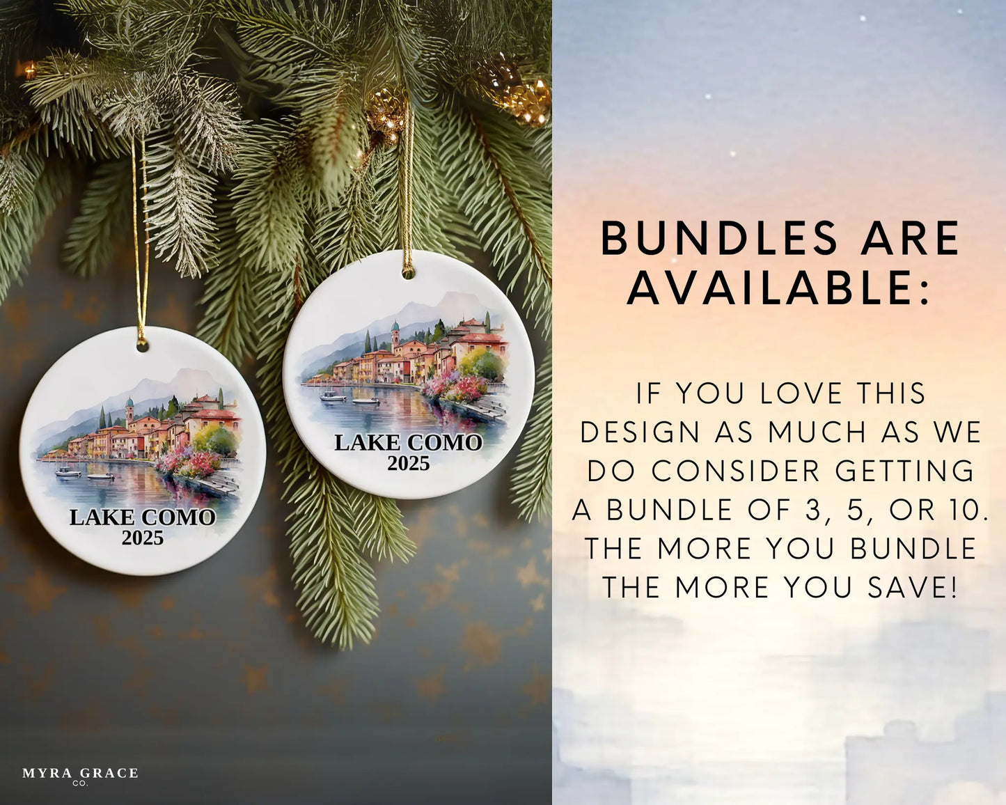 Custom Lake Como Italy ceramic photo ornament with personalized message – handmade Christmas bauble, gift souvenir, or vacation keepsake. bundles are available