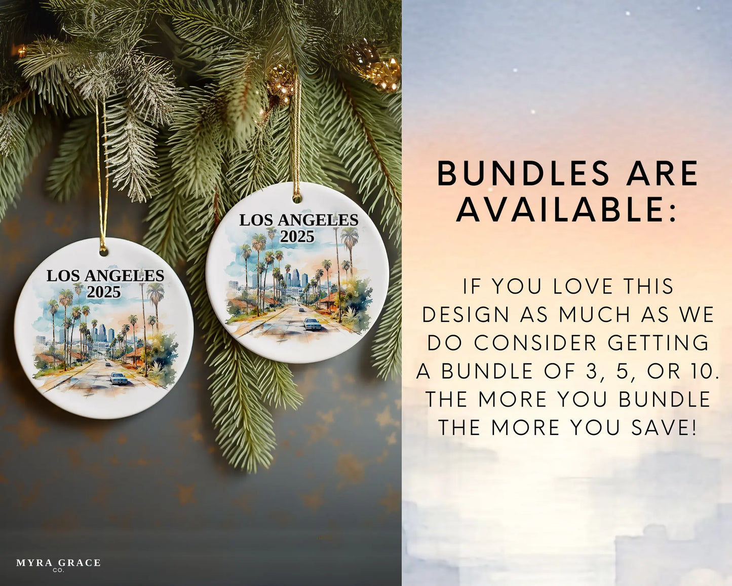 Custom Los Angeles California ceramic photo ornament with personalized message – handmade Christmas bauble, gift souvenir, or vacation keepsake. Bundles are available