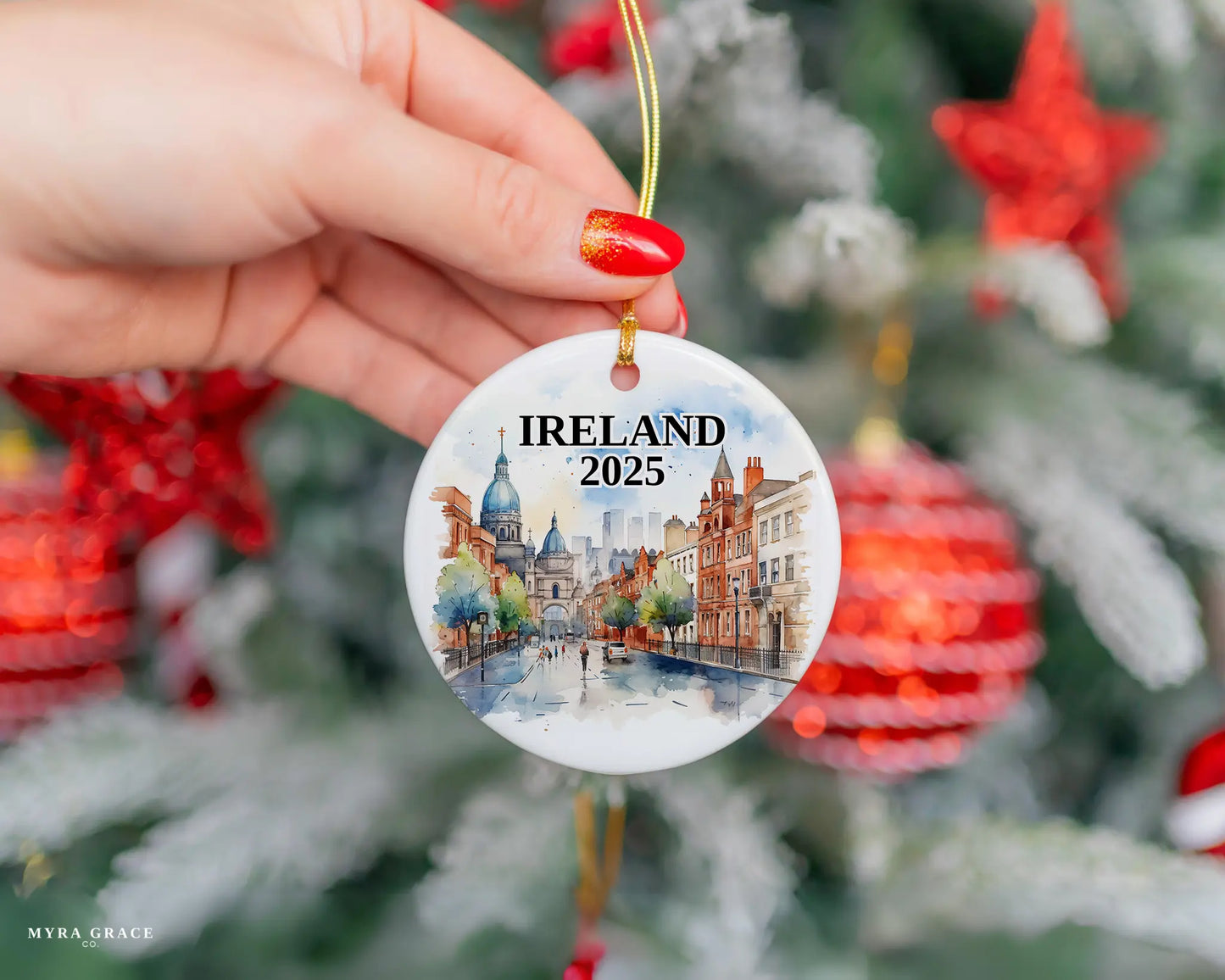 Custom Ireland ceramic photo ornament with personalized message – handmade Christmas bauble, gift souvenir, or vacation keepsake.