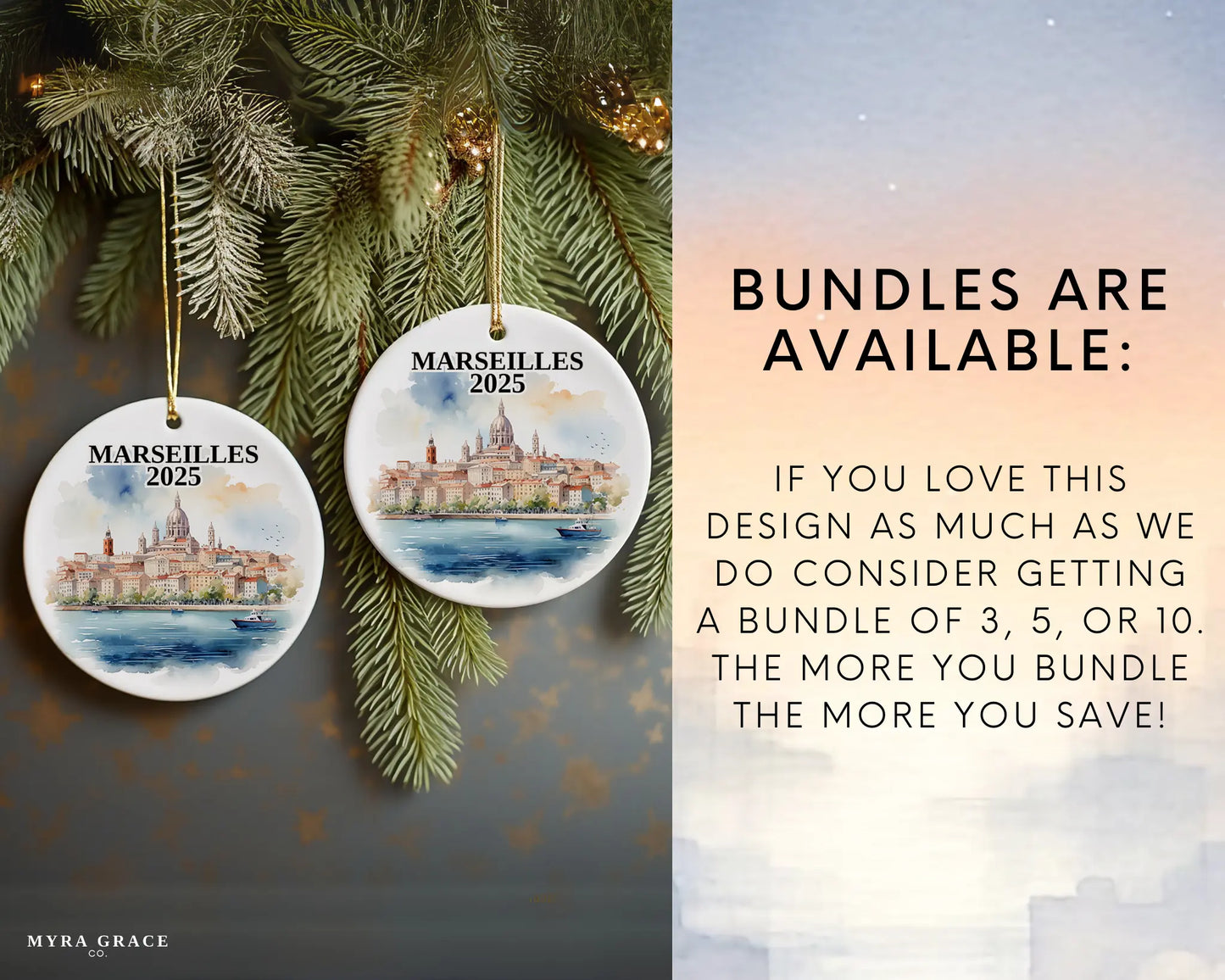 Custom Marseilles France ceramic photo ornament with personalized message – handmade Christmas bauble, gift souvenir, or vacation keepsake. bundles are available