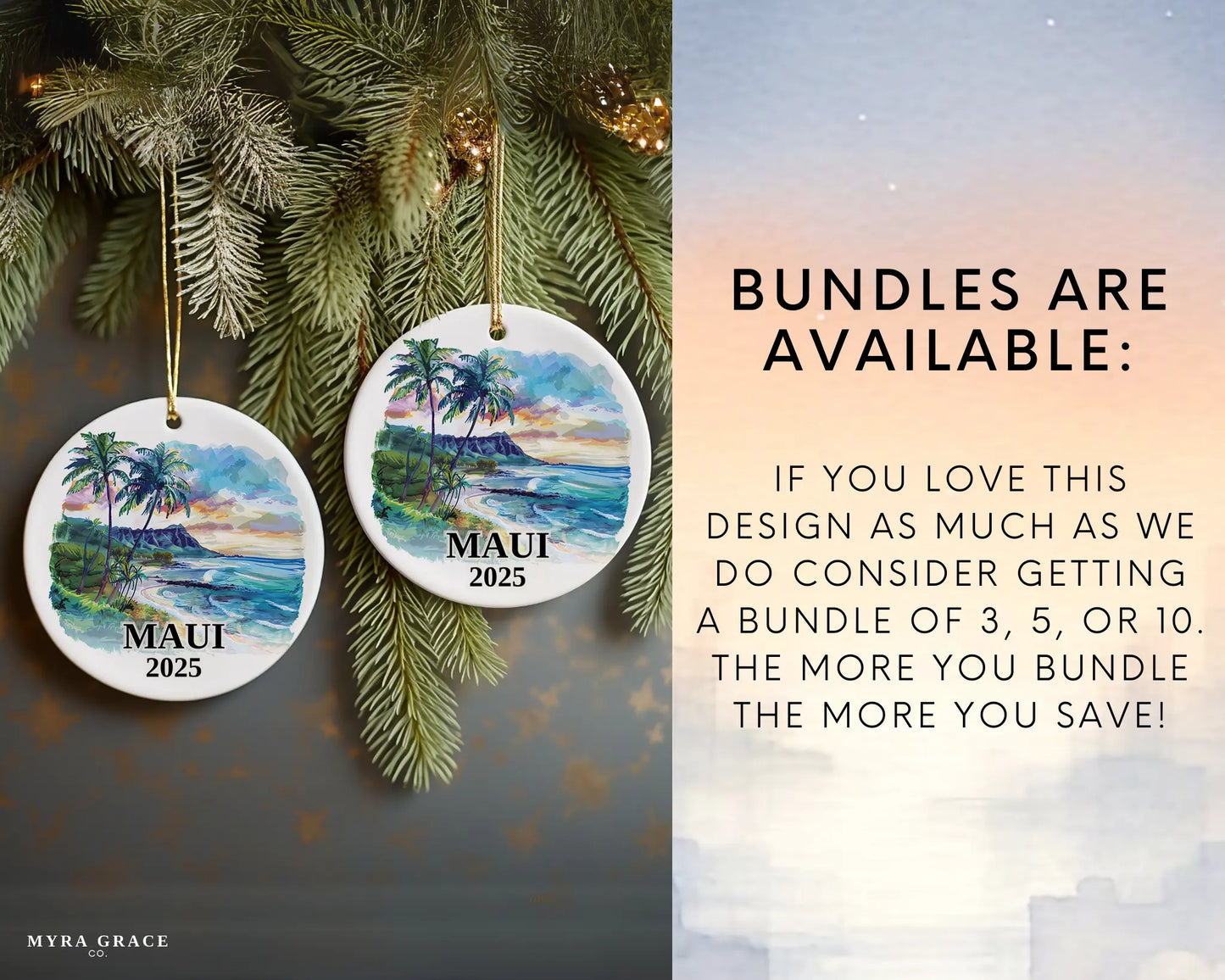 Custom Maui Hawaii ceramic photo ornament with personalized message – handmade Christmas bauble, gift souvenir, or vacation keepsake. Bundles are available
