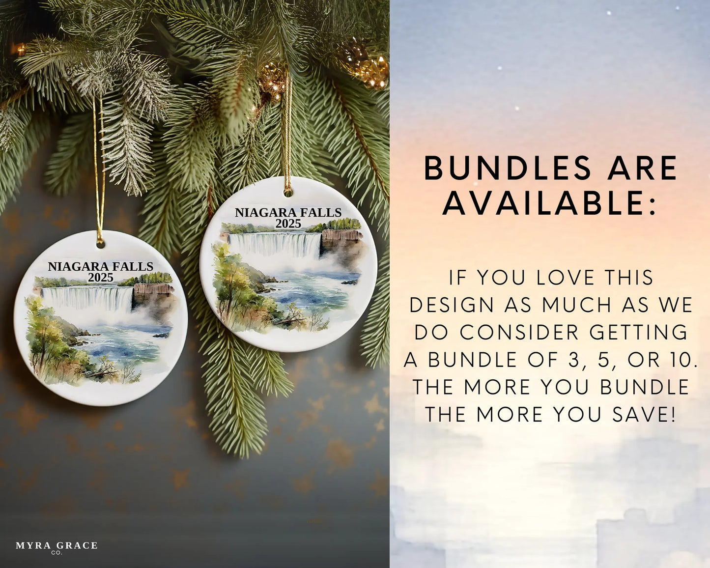 Custom Niagara Falls ceramic photo ornament with personalized message – handmade Christmas bauble, gift souvenir, or vacation keepsake. Bundles are available