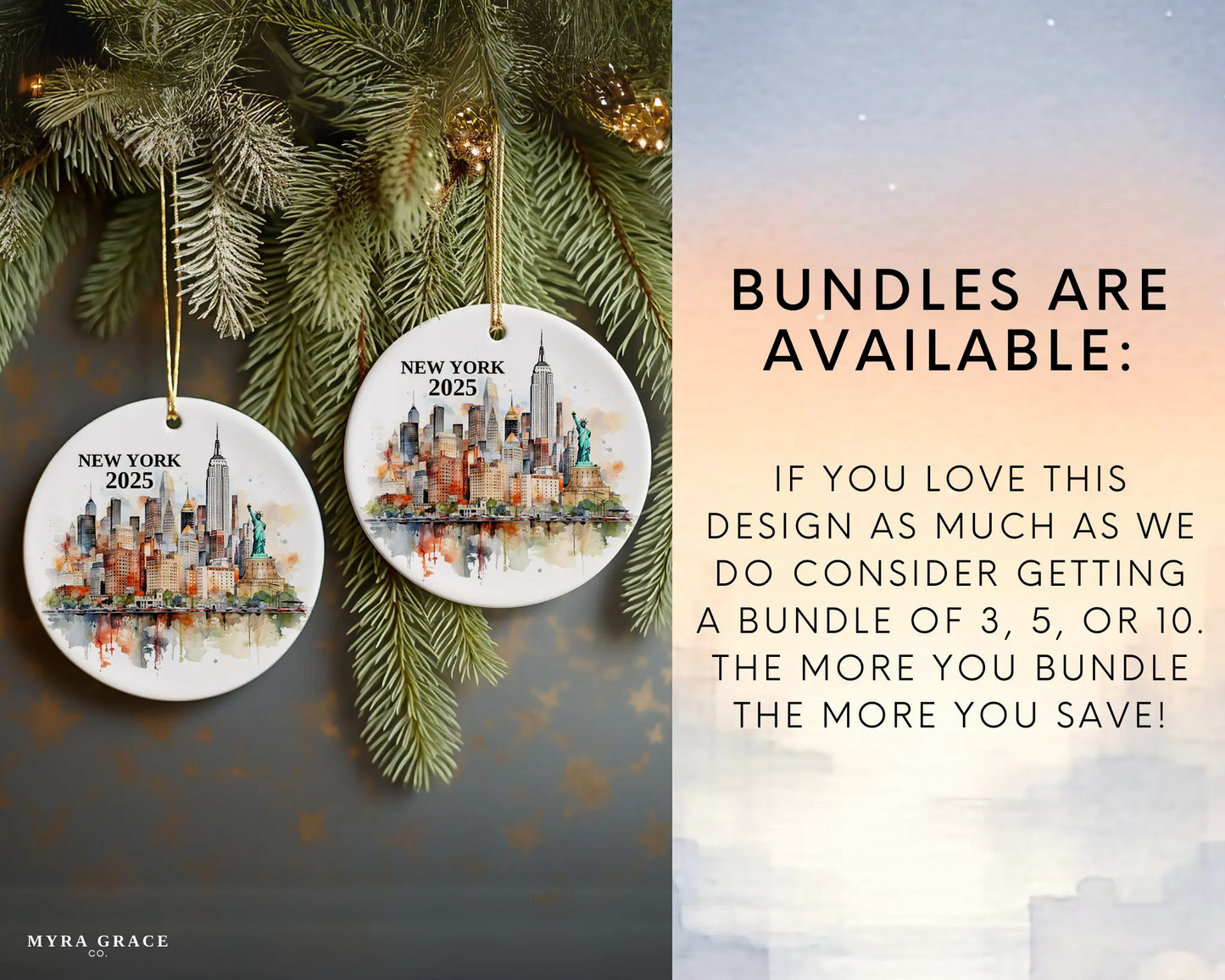 Custom New York NYC ceramic photo ornament with personalized message – handmade Christmas bauble, gift souvenir, or vacation keepsake. Bundles are available
