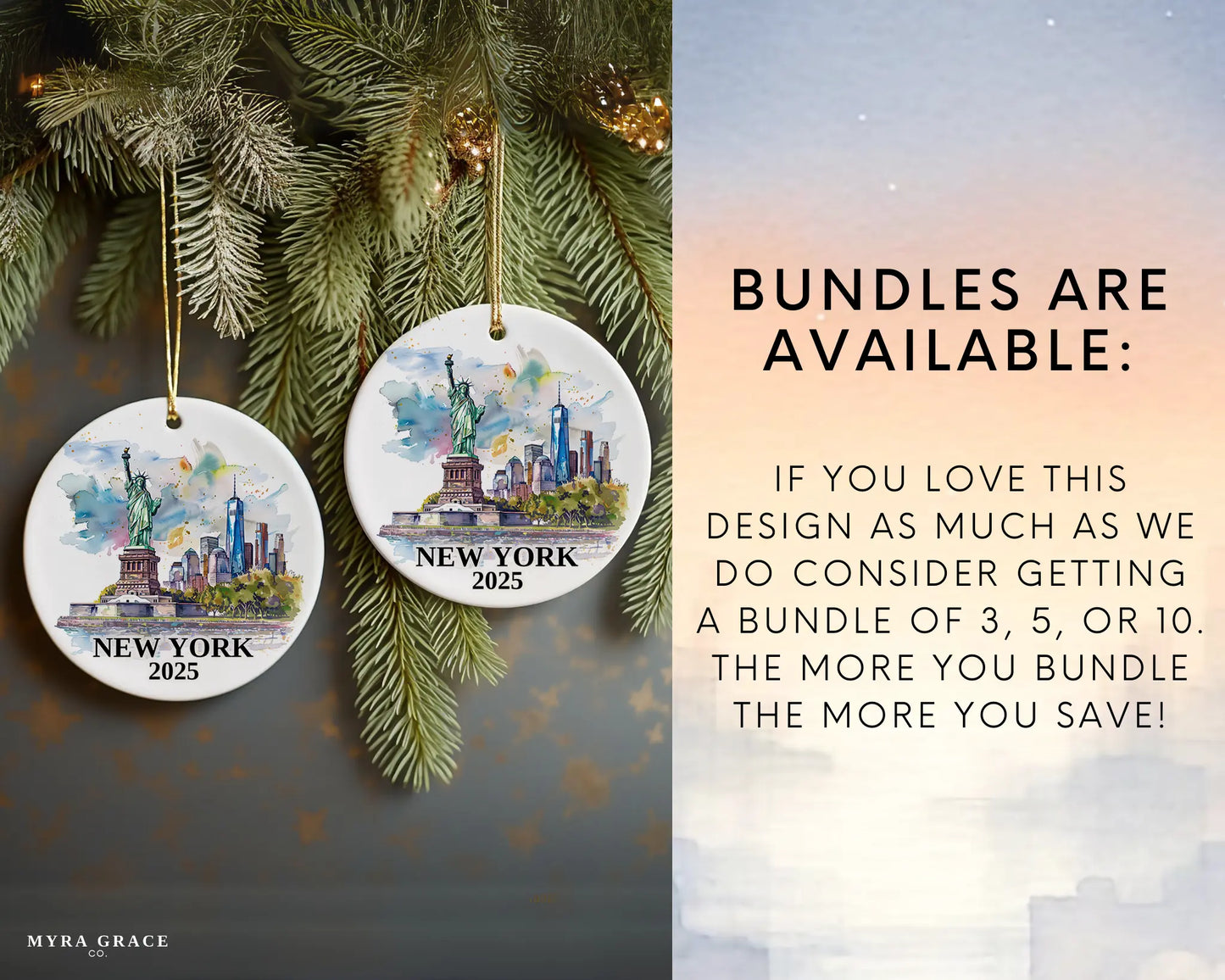 Custom New York Statue of Liberty ceramic photo ornament with personalized message – handmade Christmas bauble, gift souvenir, or vacation keepsake. Bundles are available