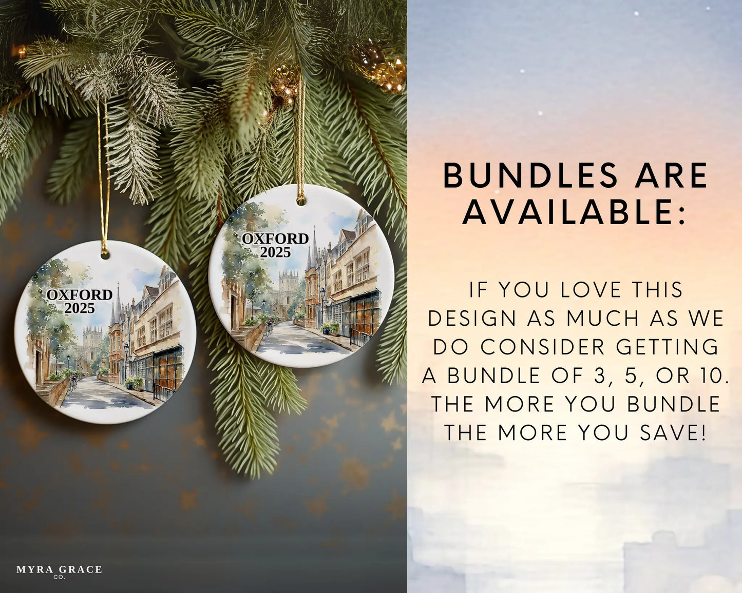 Custom Oxford England ceramic photo ornament with personalized message – handmade Christmas bauble, gift souvenir, or vacation keepsake. Bundles are available