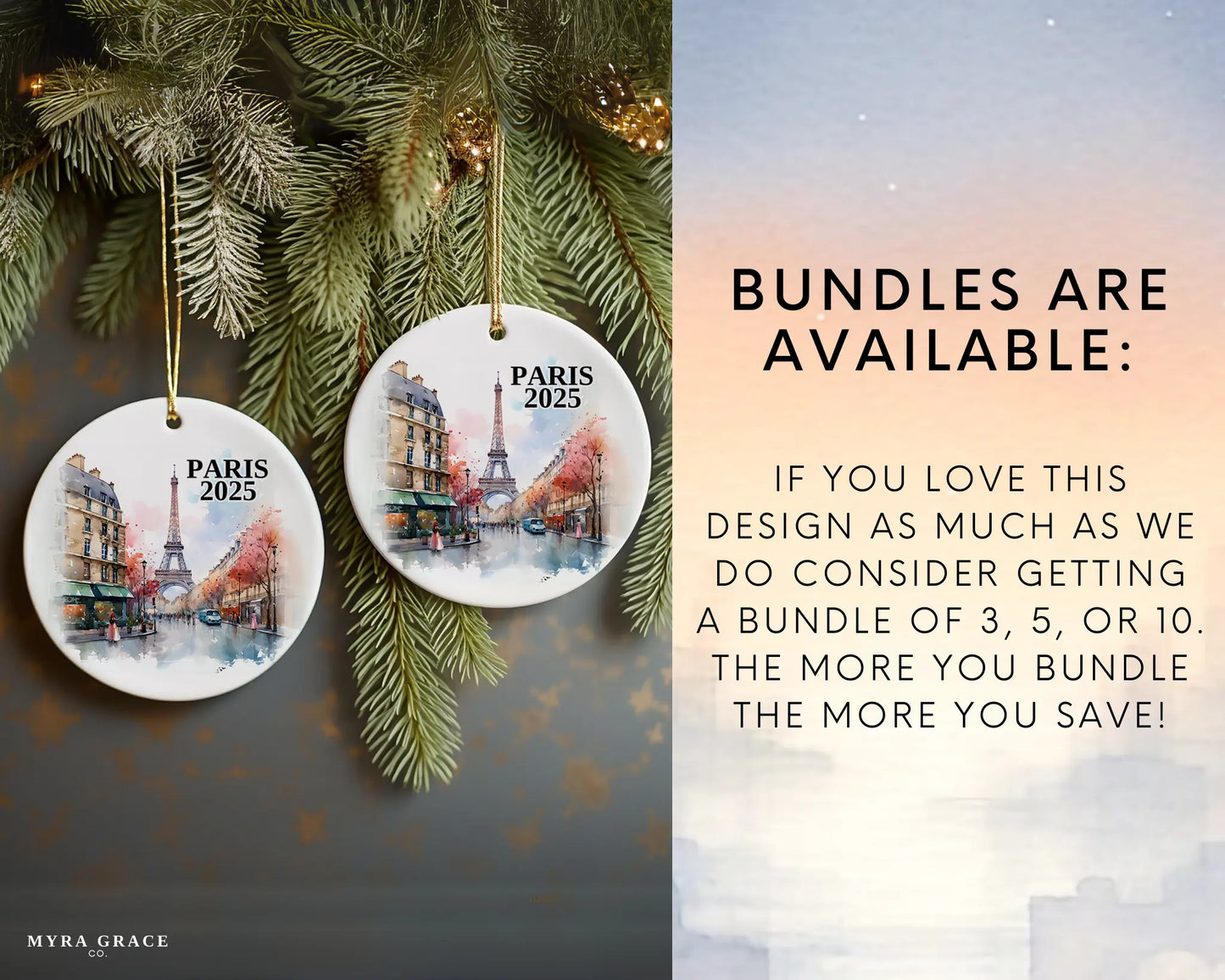 Custom Paris France ceramic photo ornament with personalized message – handmade Christmas bauble, gift souvenir, or vacation keepsake. Bundles are available