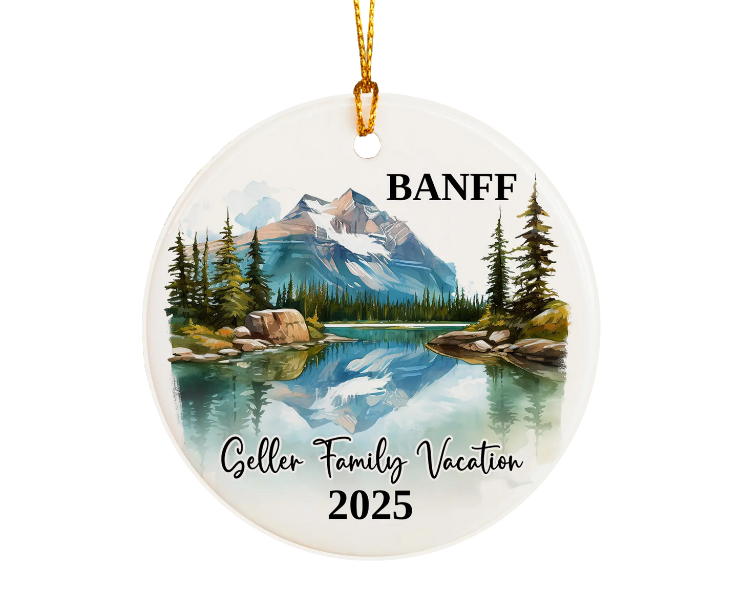 Custom vacation Banff Canada ceramic photo ornament with personalized message – handmade Christmas bauble, gift souvenir, or vacation keepsake.