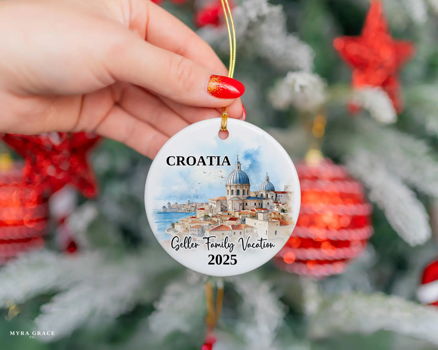 Custom vacation Croatia ceramic photo ornament with personalized message – handmade Christmas bauble, gift souvenir, or vacation keepsake.