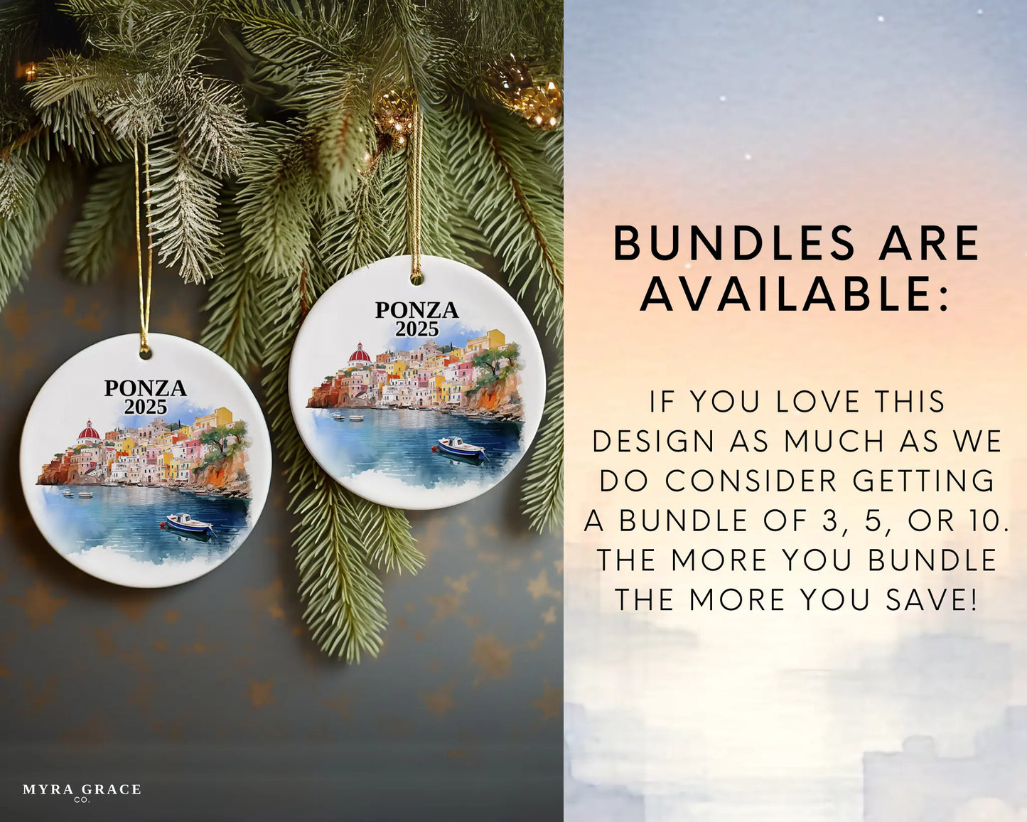 Custom Ponza Italy ceramic photo ornament with personalized message – handmade Christmas bauble, gift souvenir, or vacation keepsake. Bundles are available