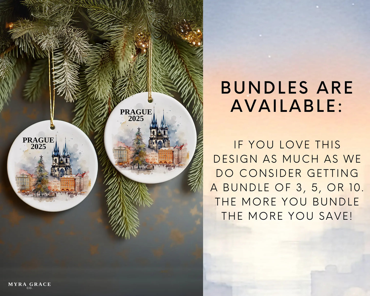 Custom Prague Christmas Market ceramic photo ornament with personalized message – handmade Christmas bauble, gift souvenir, or vacation keepsake. Bundles are available
