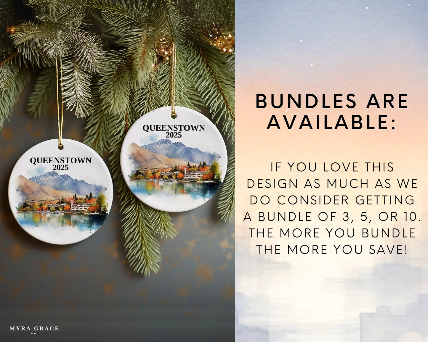 Custom Queenstown New Zealand ceramic photo ornament with personalized message – handmade Christmas bauble, gift souvenir, or vacation keepsake. Bundles are available