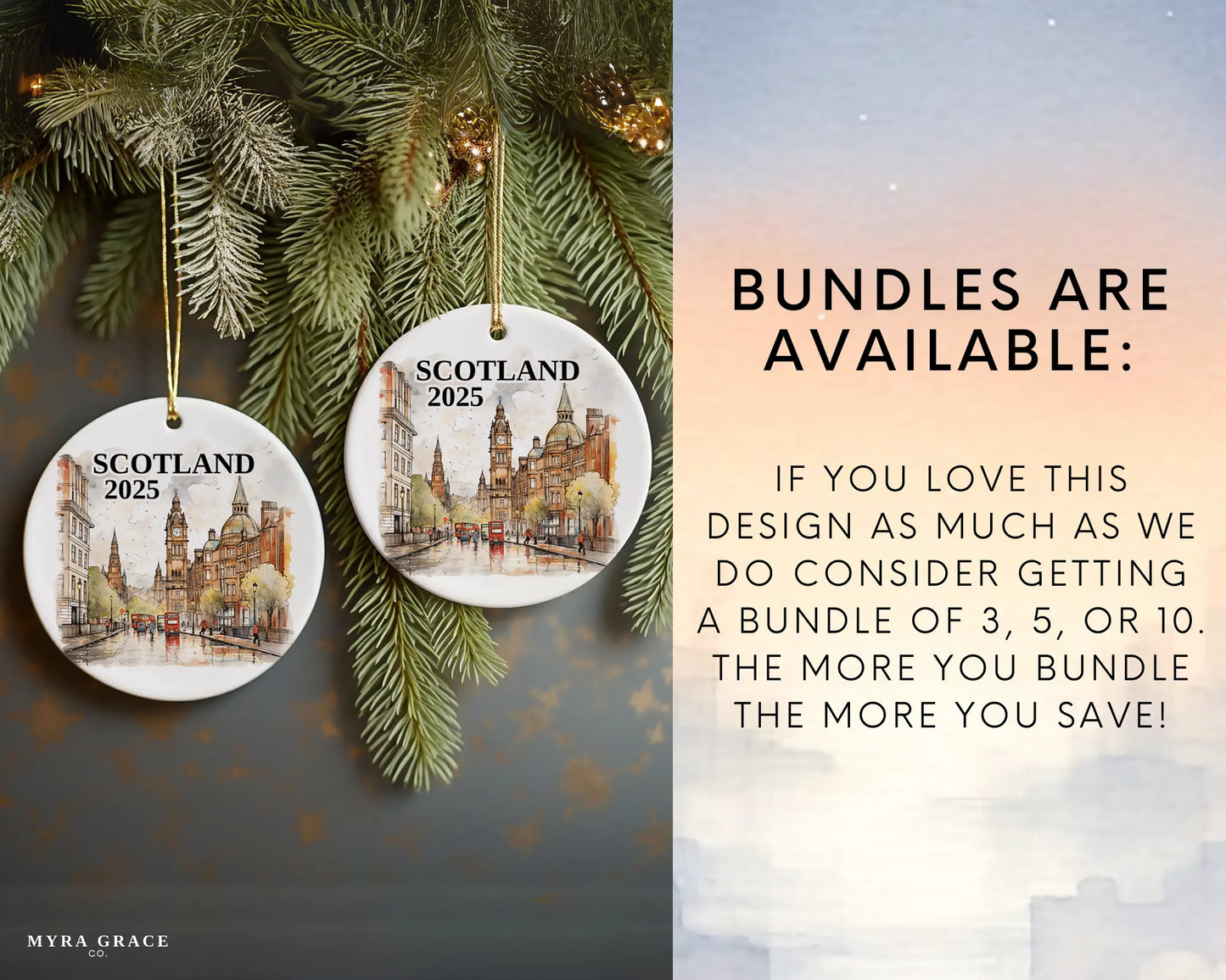 Custom Scotland ceramic photo ornament with personalized message – handmade Christmas bauble, gift souvenir, or vacation keepsake. Bundles are available