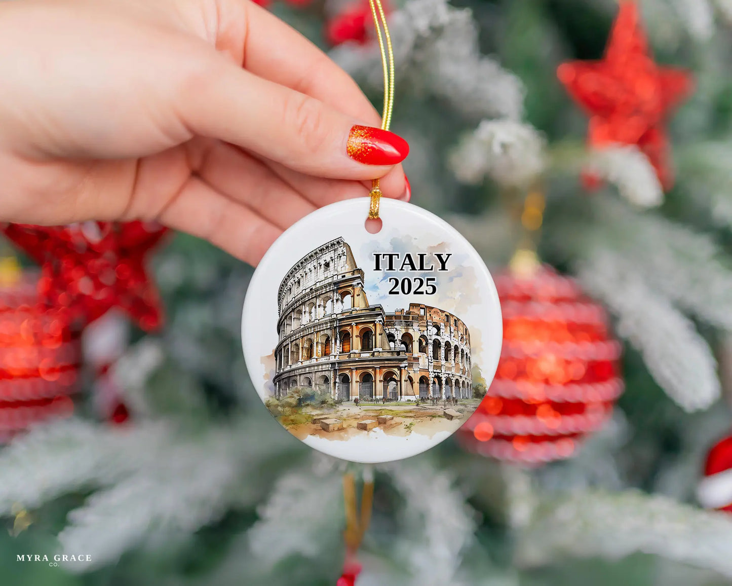 Custom Italy Rome Colosseum ceramic photo ornament with personalized message – handmade Christmas bauble, gift souvenir, or vacation keepsake.