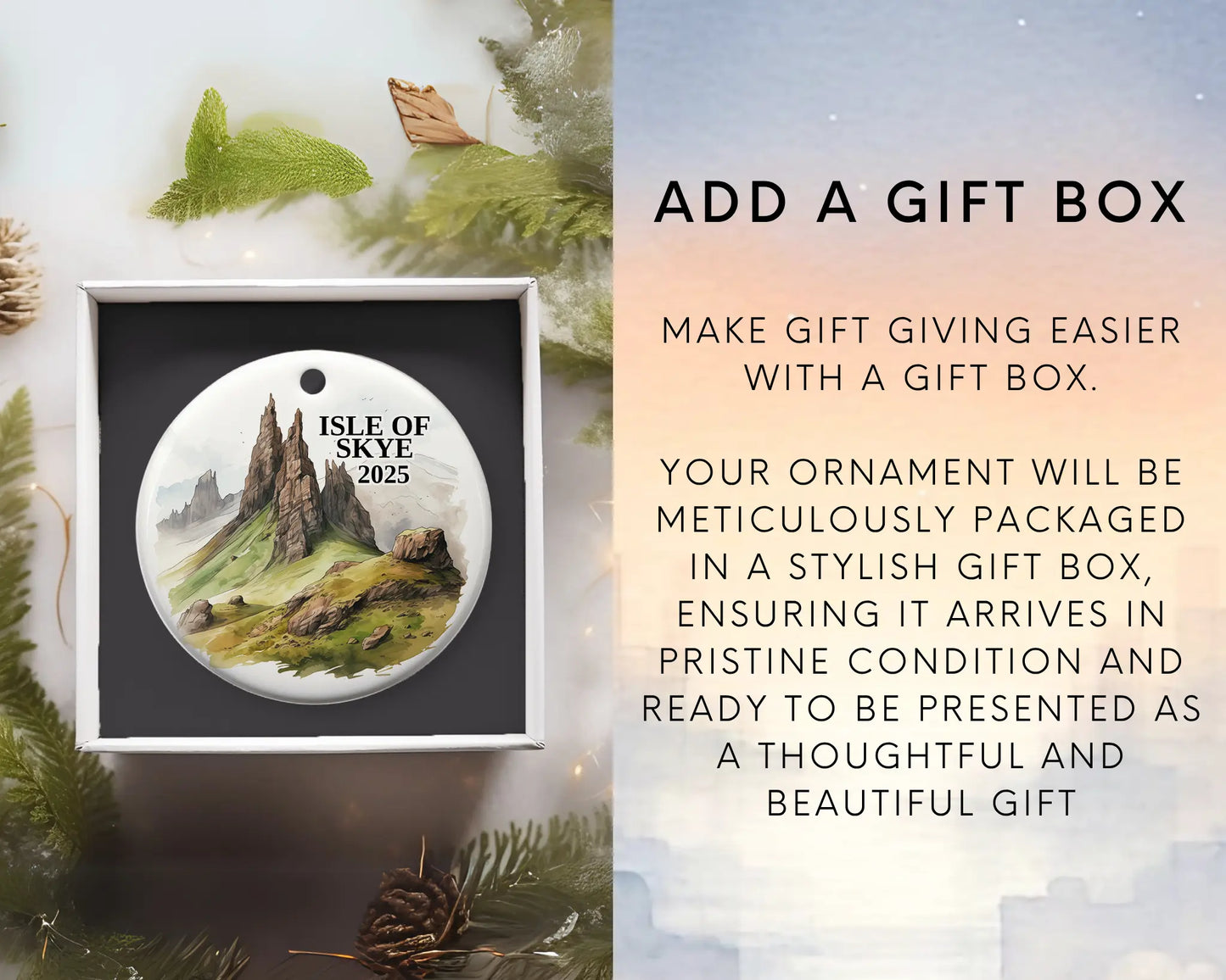 Custom Isle of Skye Scotland ceramic photo ornament with personalized message – handmade Christmas bauble, gift souvenir, or vacation keepsake. Add gift box