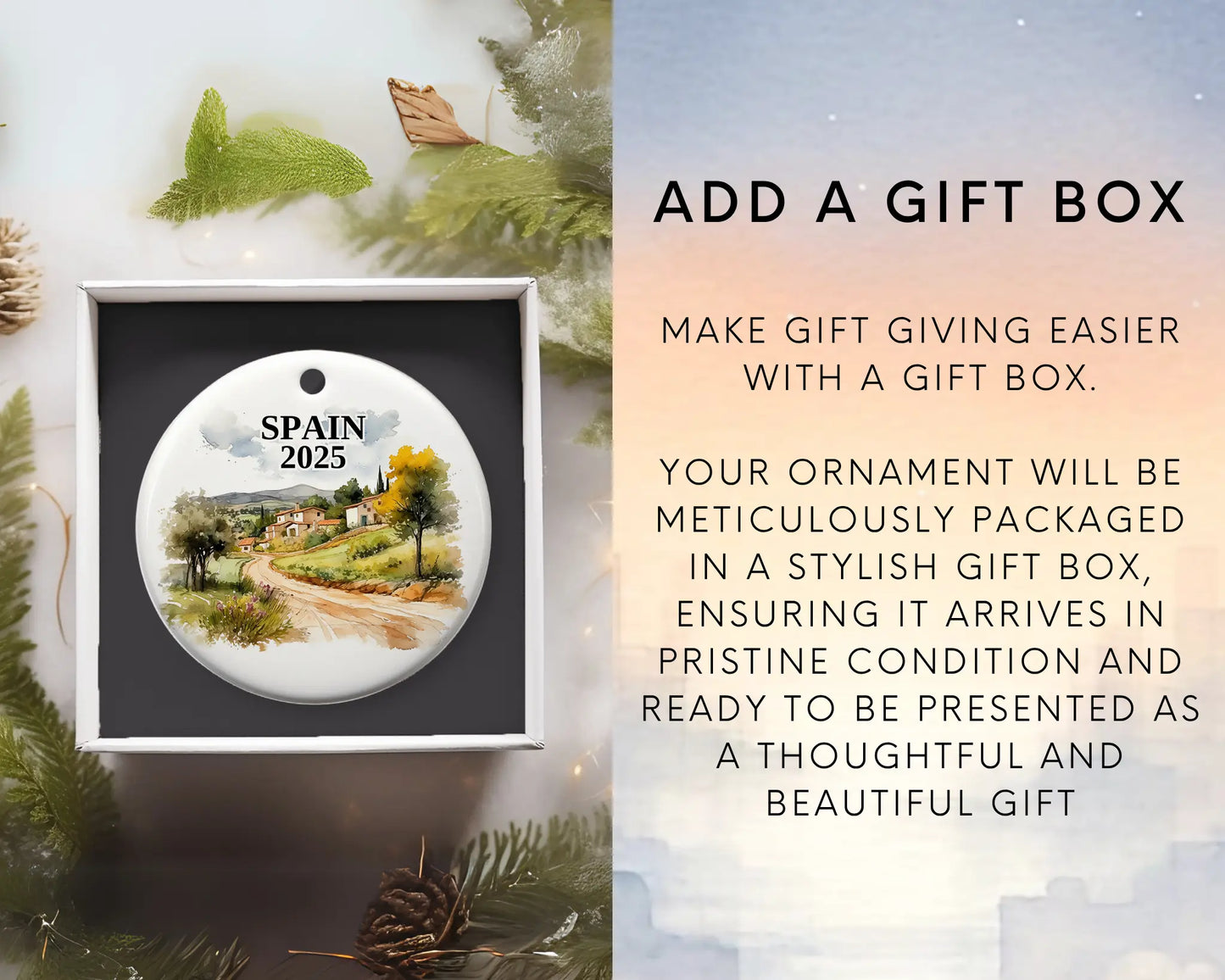 Custom Spain ceramic photo ornament with personalized message – handmade Christmas bauble, gift souvenir, or vacation keepsake. Add gift box