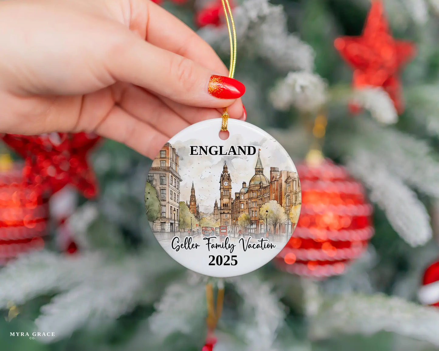 Custom vacation England ceramic photo ornament with personalized message – handmade Christmas bauble, gift souvenir, or vacation keepsake.