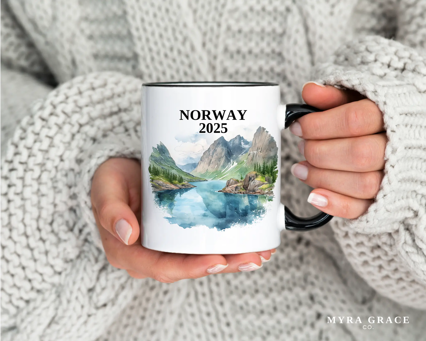 Custom ceramic Norway vacation mug with watercolor location design, date, and personal photo – personalized travel gift or photo mug.