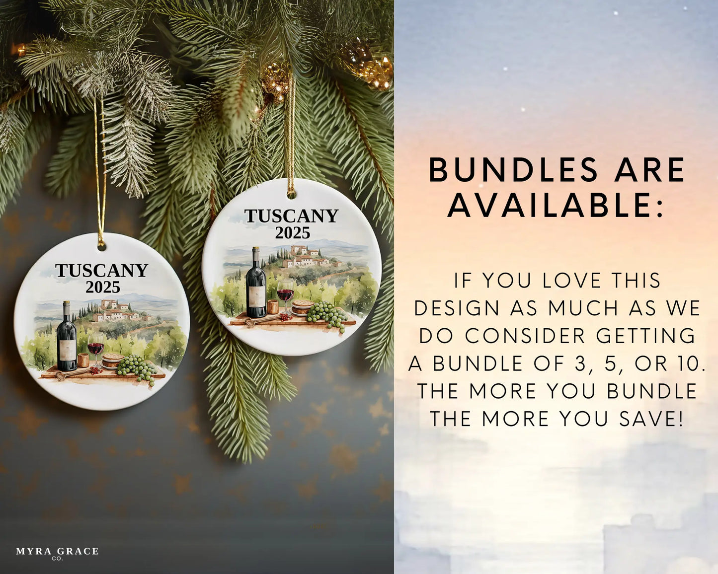 Custom Tuscany Italy Vineyard ceramic photo ornament with personalized message – handmade Christmas bauble, gift souvenir, or vacation keepsake. Bundles are available