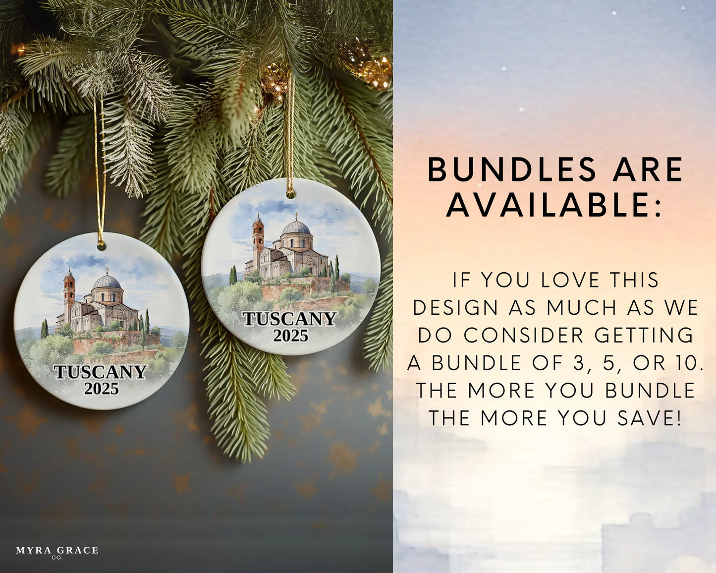 Custom Tuscany Italy ceramic photo ornament with personalized message – handmade Christmas bauble, gift souvenir, or vacation keepsake. Bundles are available