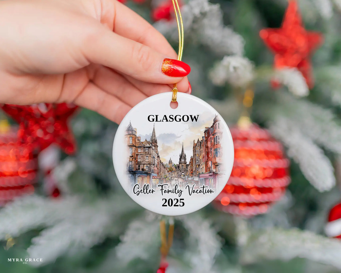 Custom vacation Glasgow Scotland ceramic photo ornament with personalized message – handmade Christmas bauble, gift souvenir, or vacation keepsake.