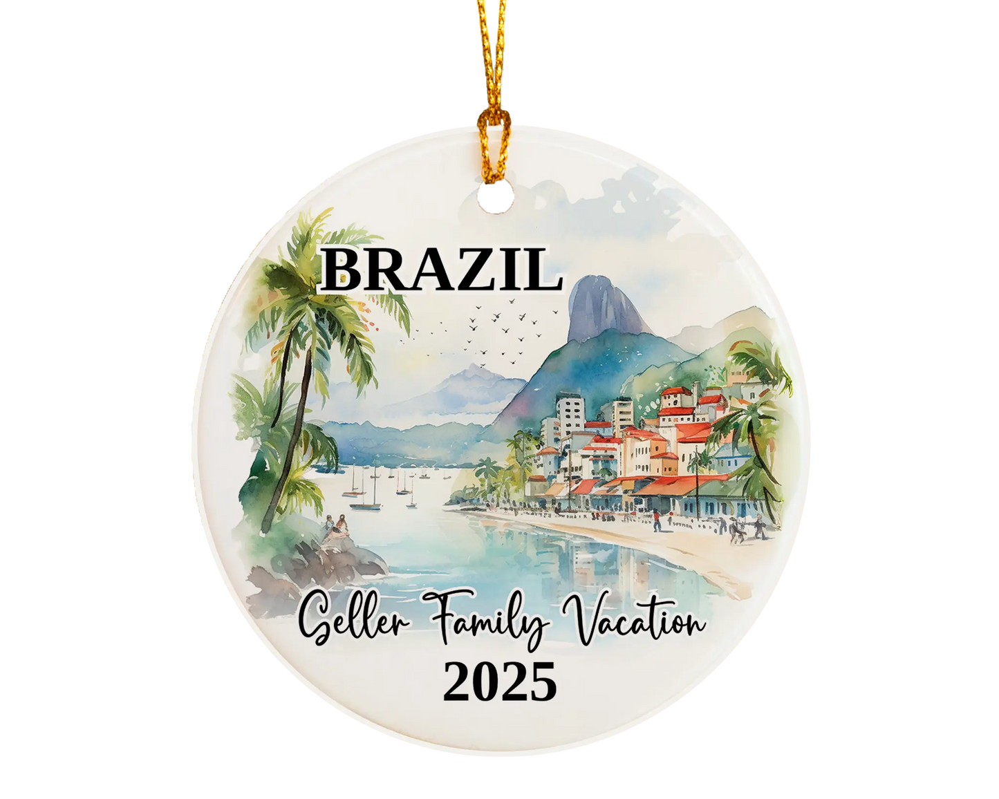 Custom vacation Brazil ceramic photo ornament with personalized message – handmade Christmas bauble, gift souvenir, or vacation keepsake.
