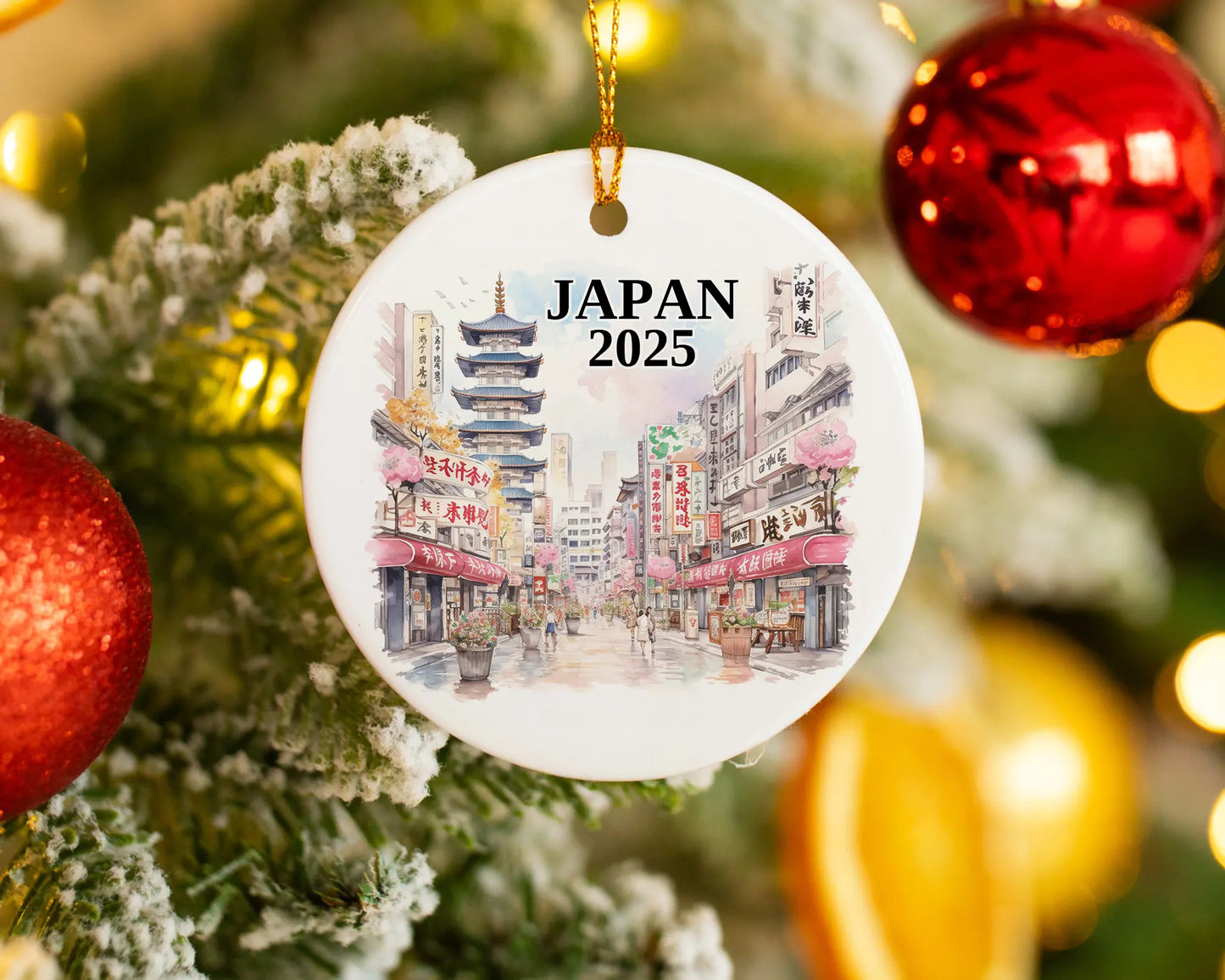 Custom Japan ceramic photo ornament with personalized message – handmade Christmas bauble, gift souvenir, or vacation keepsake.