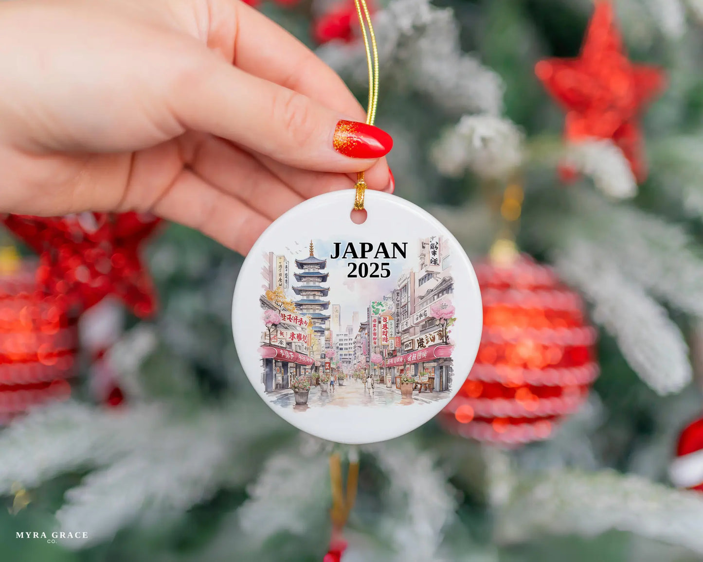 Custom Japan ceramic photo ornament with personalized message – handmade Christmas bauble, gift souvenir, or vacation keepsake.