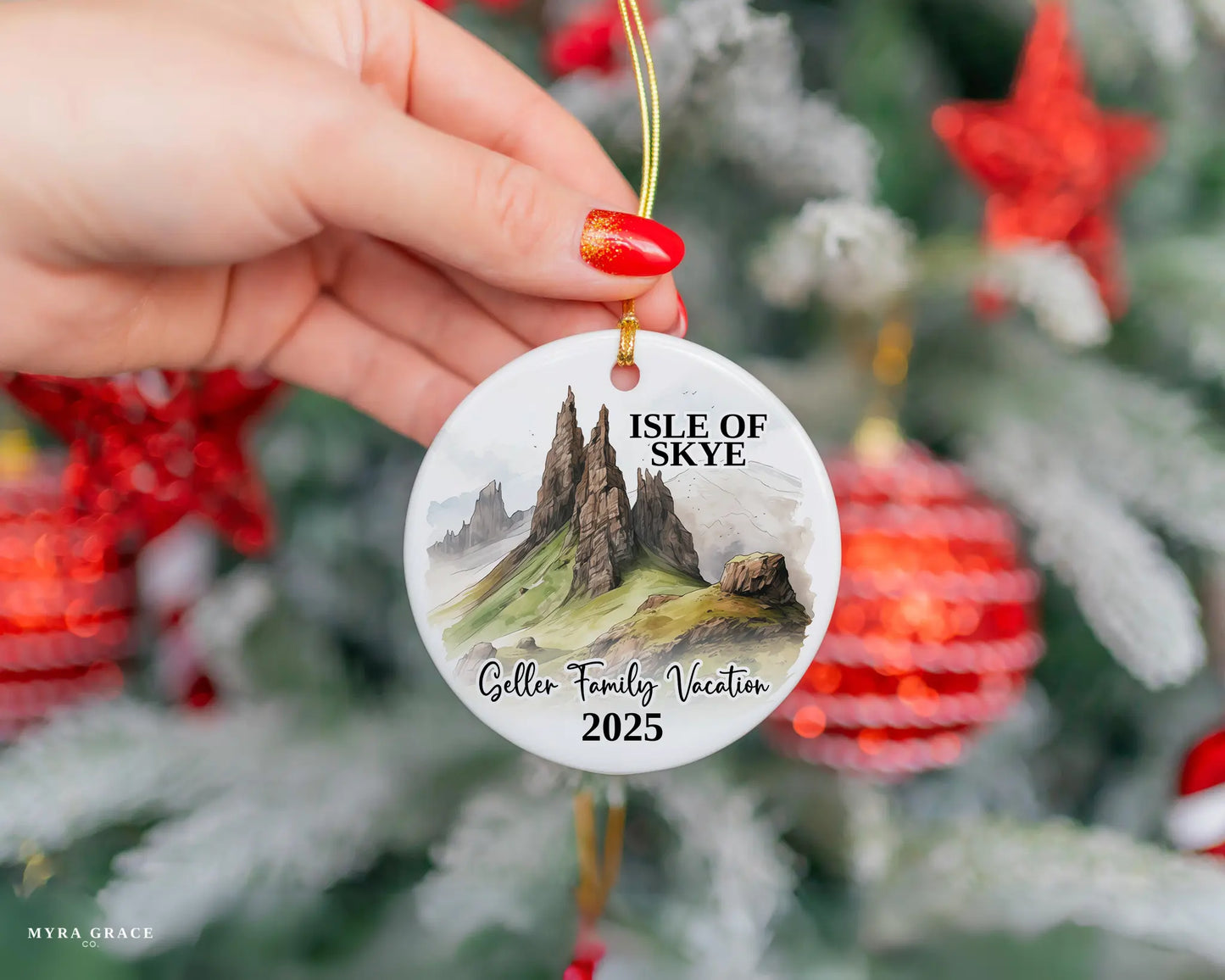 Custom vacation Isle of Skye Scotland ceramic photo ornament with personalized message – handmade Christmas bauble, gift souvenir, or vacation keepsake.