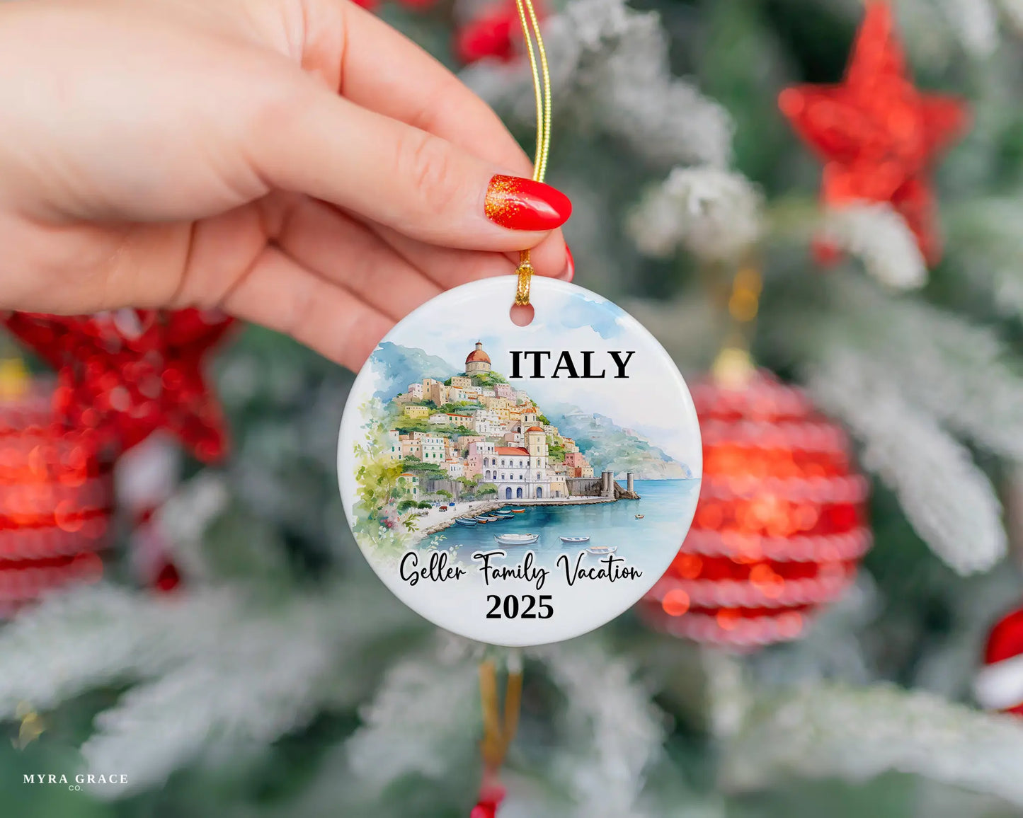Custom vacation Italy Amalfi Coast ceramic photo ornament with personalized message – handmade Christmas bauble, gift souvenir, or vacation keepsake.