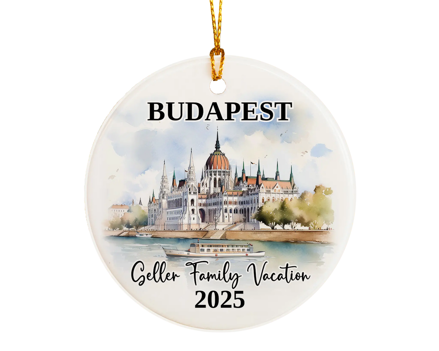 Custom vacation Budapest Hungary ceramic photo ornament with personalized message – handmade Christmas bauble, gift souvenir, or vacation keepsake.