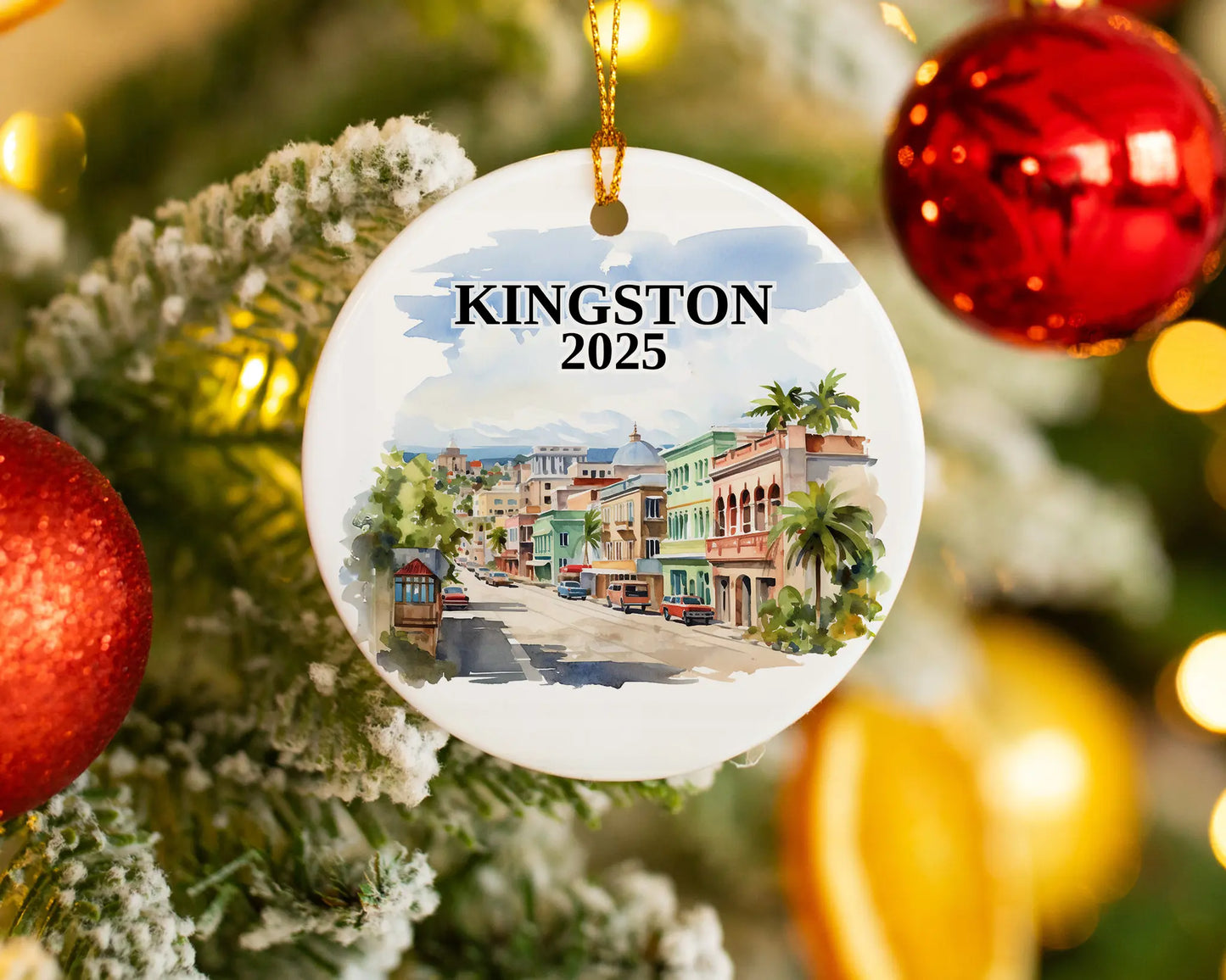 Custom Kingston Jamaica ceramic photo ornament with personalized message – handmade Christmas bauble, gift souvenir, or vacation keepsake.