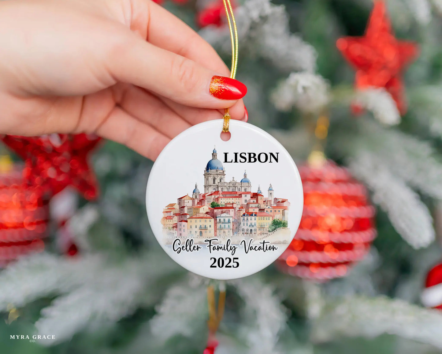 Custom vacation Lisbon Portugal ceramic photo ornament with personalized message – handmade Christmas bauble, gift souvenir, or vacation keepsake.