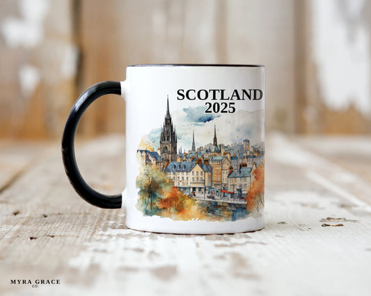 Custom ceramic Edinburgh Scotland vacation mug with watercolor location design, date, and personal photo – personalized travel gift or photo mug.