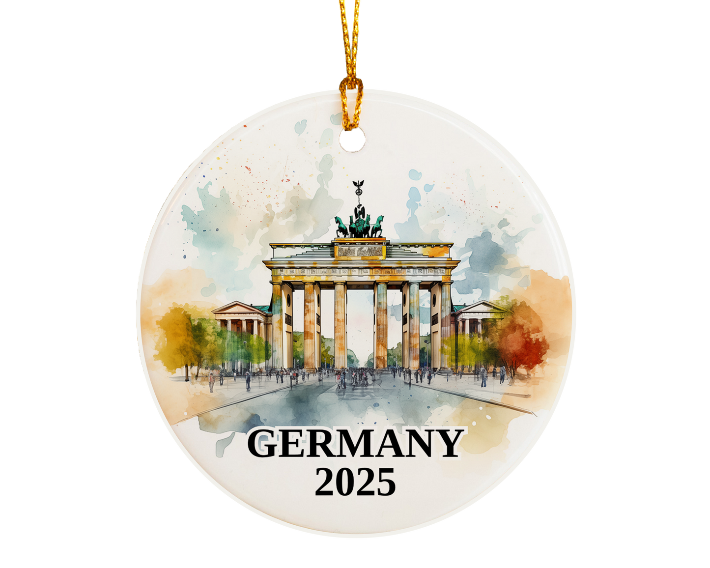 Custom Germany Berlin Gate ceramic photo ornament with personalized message – handmade Christmas bauble, gift souvenir, or vacation keepsake.  