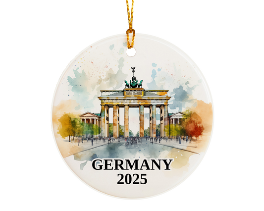 Custom Germany Berlin Gate ceramic photo ornament with personalized message – handmade Christmas bauble, gift souvenir, or vacation keepsake.  