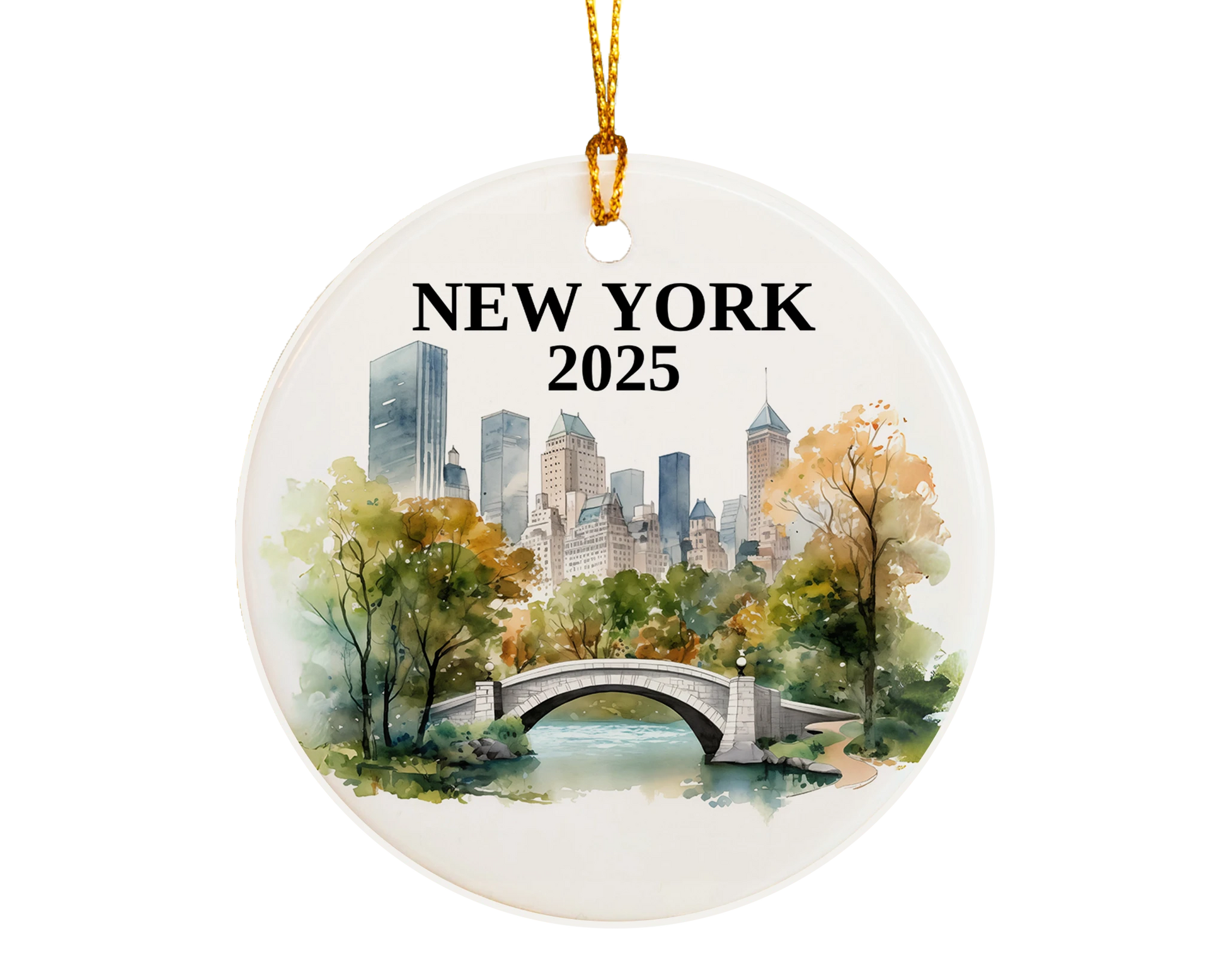 Custom New York Central Park ceramic photo ornament with personalized message – handmade Christmas bauble, gift souvenir, or vacation keepsake.  