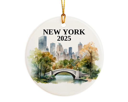 Custom New York Central Park ceramic photo ornament with personalized message – handmade Christmas bauble, gift souvenir, or vacation keepsake.  