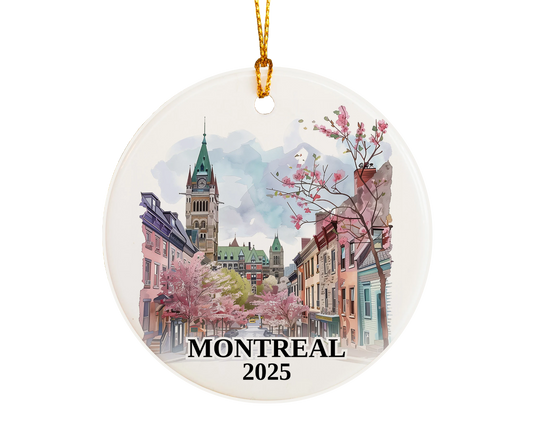 Custom Montreal Quebec ceramic photo ornament with personalized message – handmade Christmas bauble, gift souvenir, or vacation keepsake.  