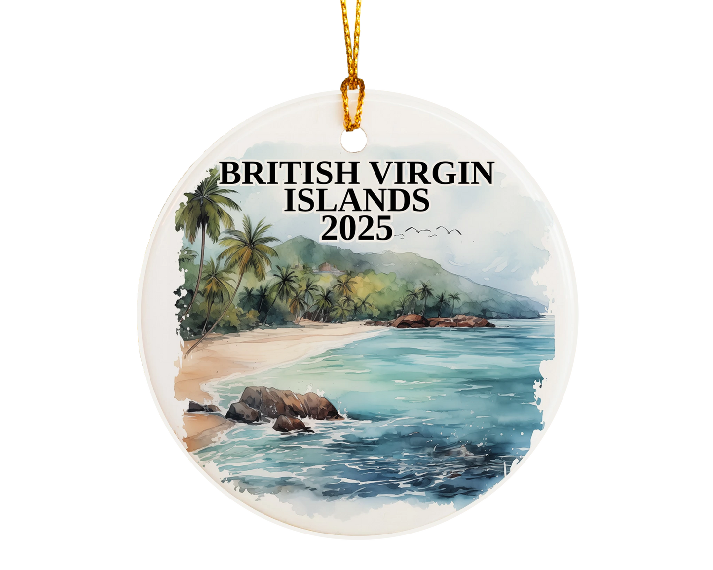 Custom British Virgin Islands ceramic photo ornament with personalized message – handmade Christmas bauble, gift souvenir, or vacation keepsake.