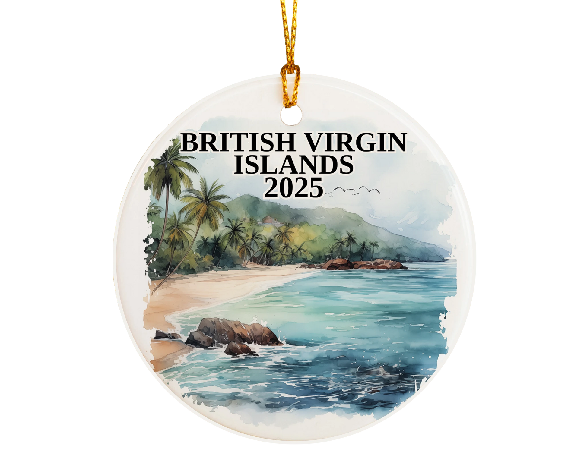 Custom British Virgin Islands ceramic photo ornament with personalized message – handmade Christmas bauble, gift souvenir, or vacation keepsake.