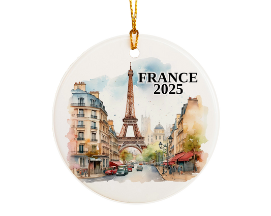Custom France, Paris in Summer, ceramic photo ornament with personalized message – handmade Christmas bauble, gift souvenir, or vacation keepsake.  