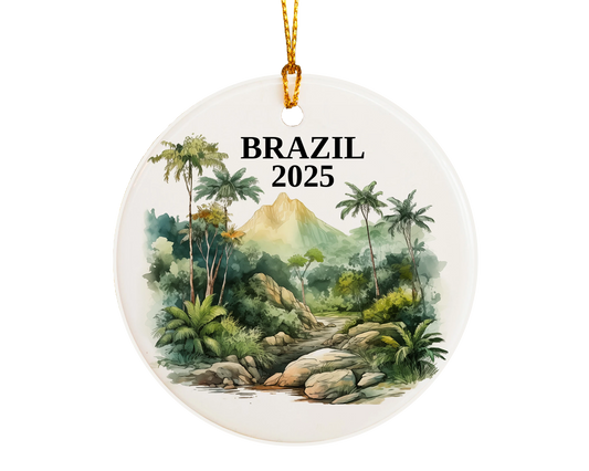 Custom Brazil ceramic photo ornament with personalized message – handmade Christmas bauble, gift souvenir, or vacation keepsake.