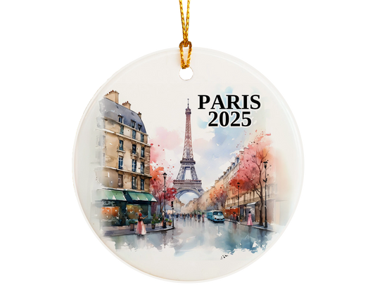 Custom Paris France ceramic photo ornament with personalized message – handmade Christmas bauble, gift souvenir, or vacation keepsake.  