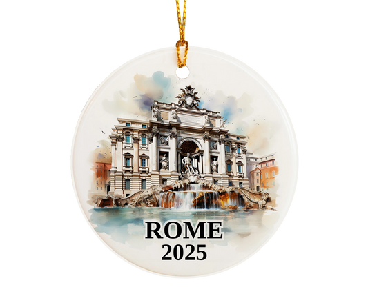 Custom Rome Trevi Fountain ceramic photo ornament with personalized message – handmade Christmas bauble, gift souvenir, or vacation keepsake. 