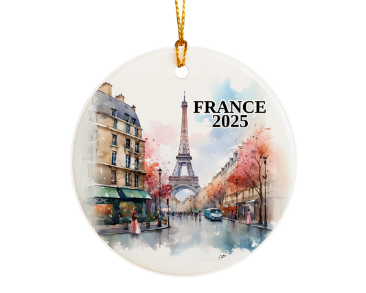 Custom France, Paris in Spring, ceramic photo ornament with personalized message – handmade Christmas bauble, gift souvenir, or vacation keepsake.  
