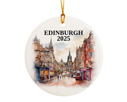 Custom Edinburgh ceramic photo ornament with personalized message – handmade Christmas bauble, gift souvenir, or vacation keepsake.  